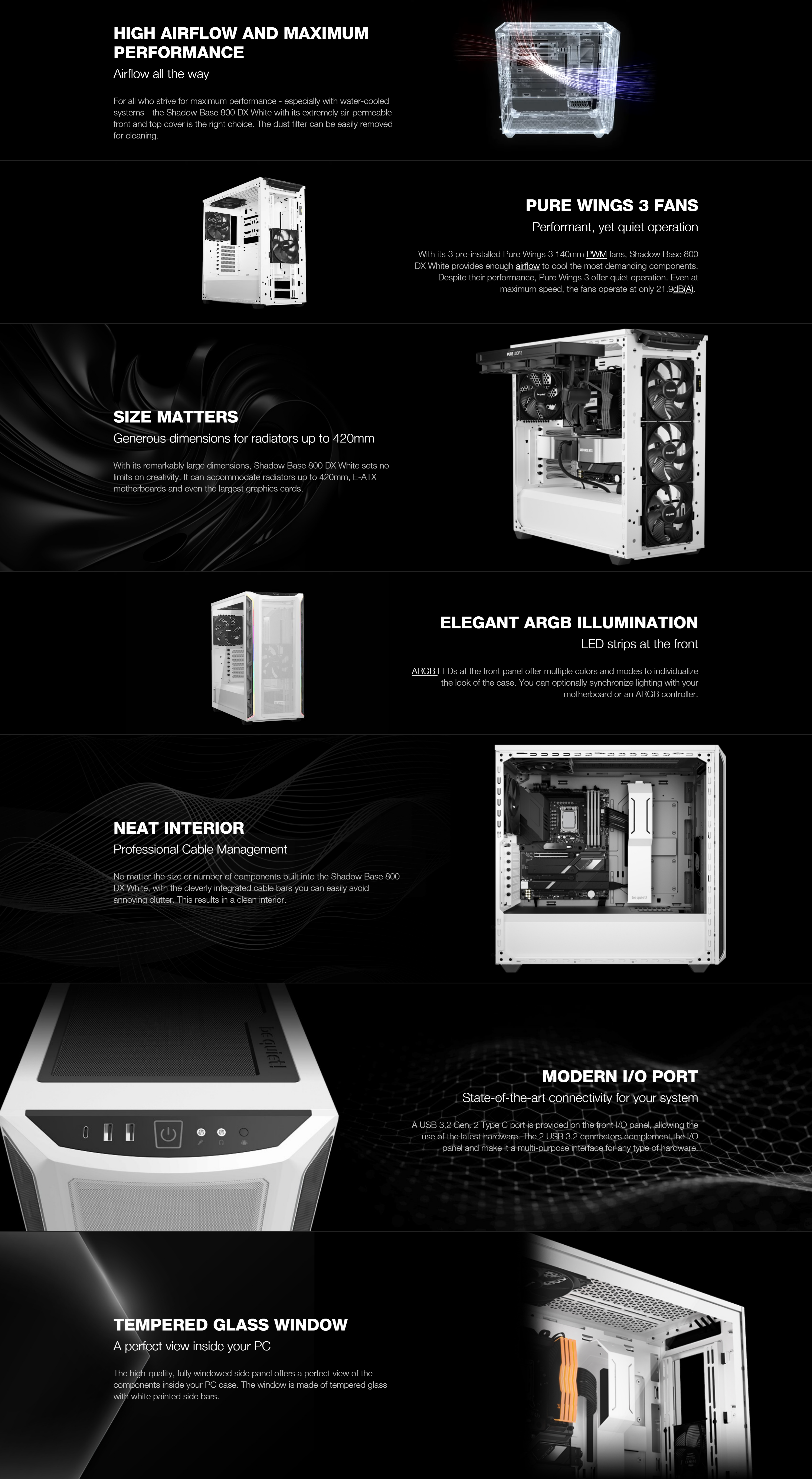 A large marketing image providing additional information about the product be quiet! SHADOW BASE 800 DX Mid Tower Case - White - Additional alt info not provided